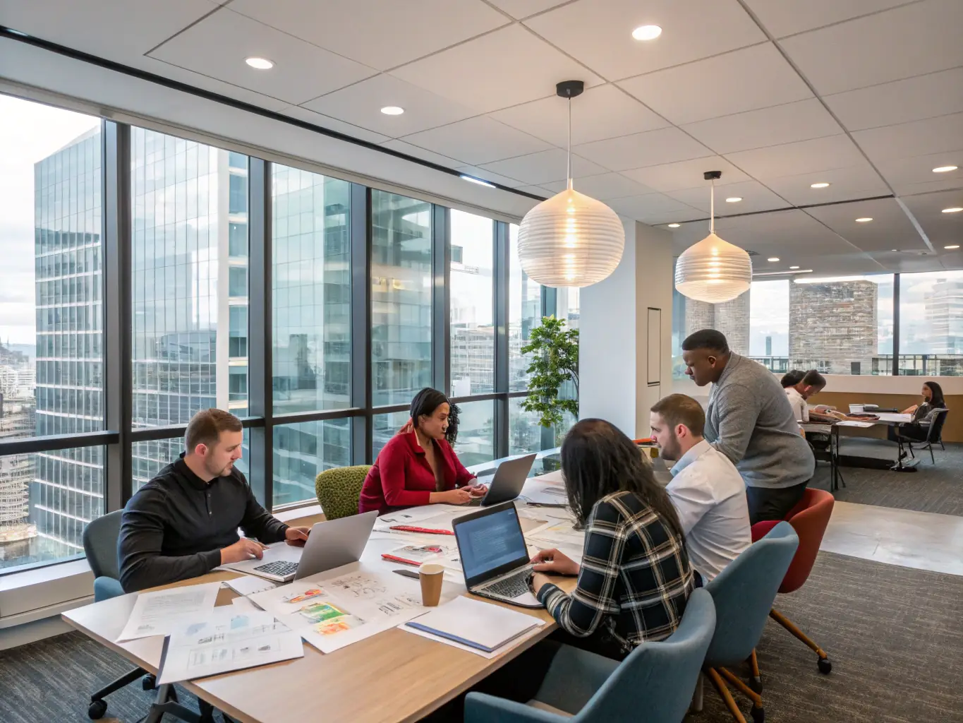 A brightly lit, modern office space with employees collaborating around a large table, showcasing a successful tenant improvement project by Dynamic Studio.
