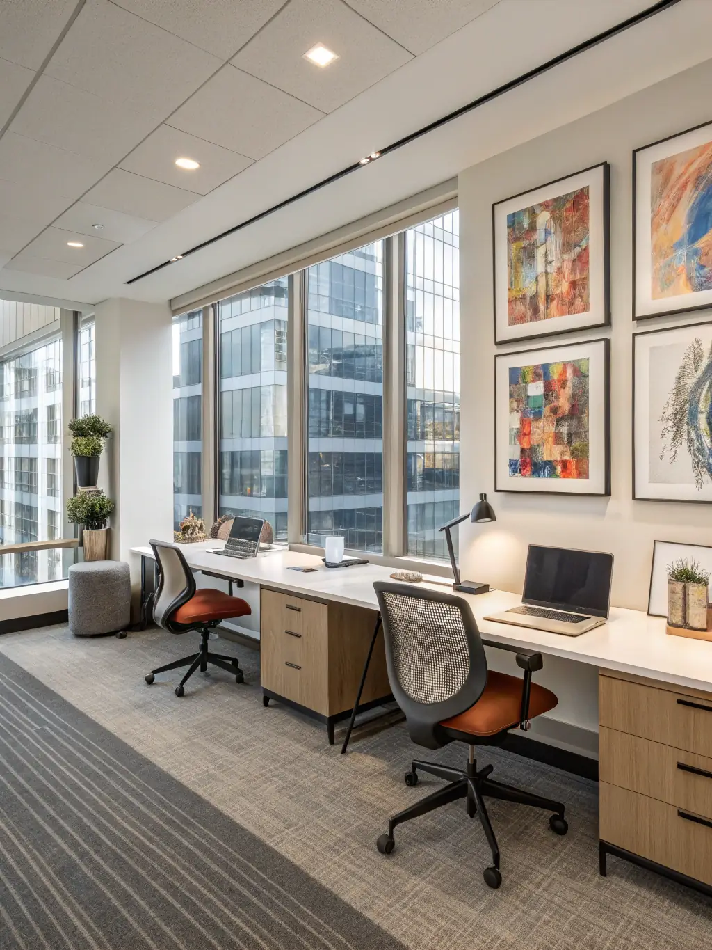 A detailed architectural rendering showcasing a modern office space designed by Dynamic Studio, emphasizing open collaboration areas and efficient use of space, highlighting architectural design services.