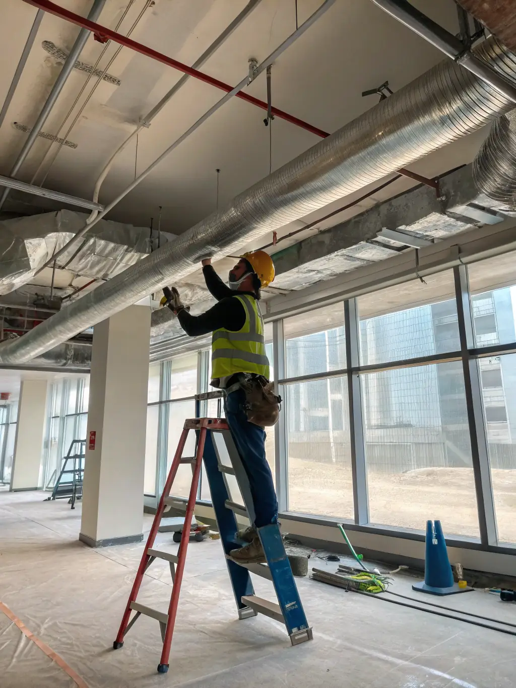 A photograph of a Dynamic Studio engineer inspecting HVAC systems in a commercial building, ensuring optimal performance and energy efficiency, representing mechanical engineering services.