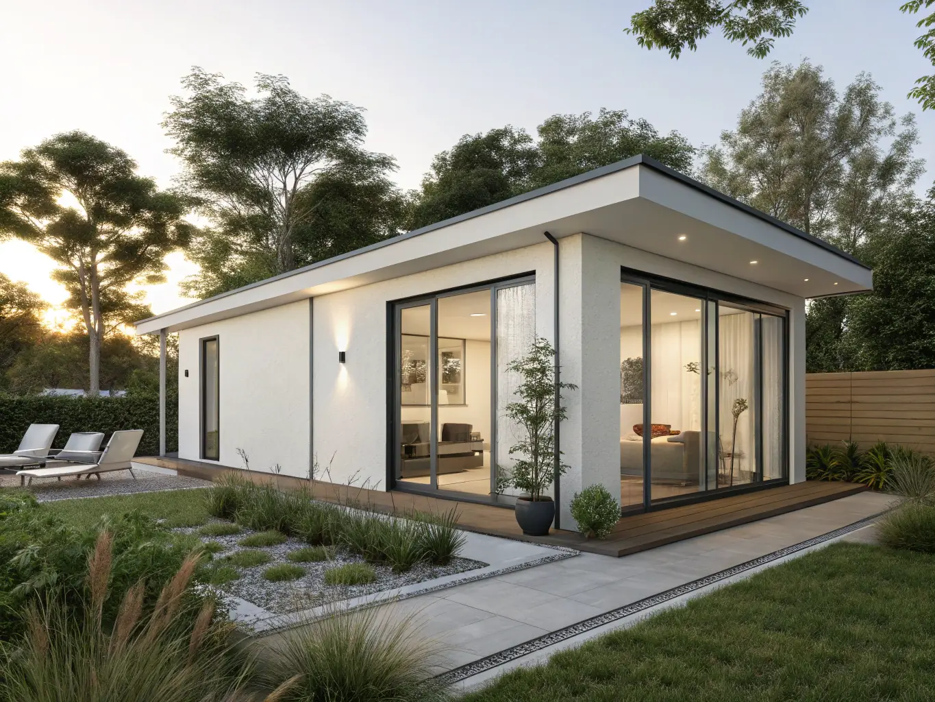 A digital rendering showcasing a modern backyard suite design with clean lines, large windows, and a small garden, emphasizing its integration with the main house and surrounding landscape.