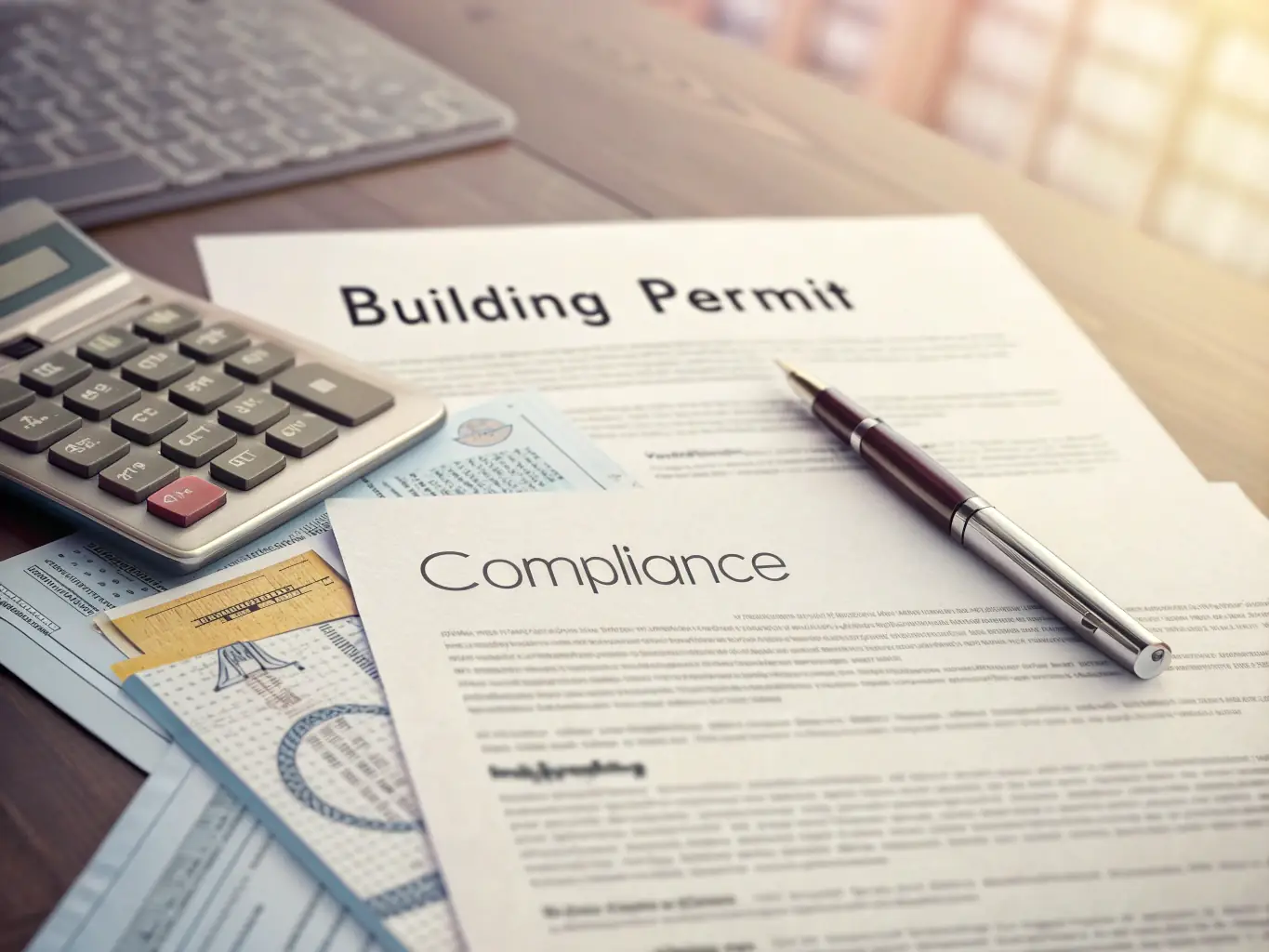 A graphic illustration depicting the process of regulatory review, showing documents being reviewed and approved, highlighting Dynamic Studio's expertise in navigating local building codes.